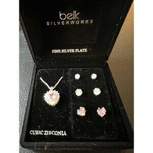 Belk Silverworks Fine Silver Plate Pink Stone & Faux Diamond Necklace/Earrings